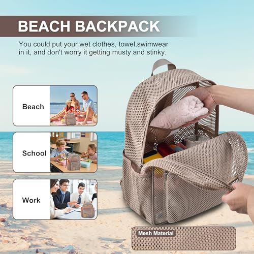 Oraben Heavy Duty Mesh Pack With Rain Cover See Through Backpack Mesh Backpack Bookbag Ideal for Class, Work, Travel, Beach Outings (Khaki) - color: Khaki