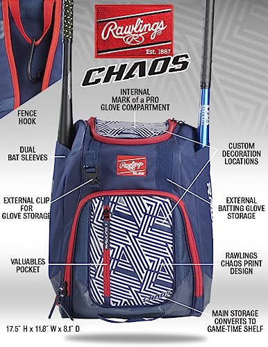 Rawlings | CHAOS Backpack Bag Series | T-Ball & Youth | Baseball & Fastpitch Softball | Multiple Colors