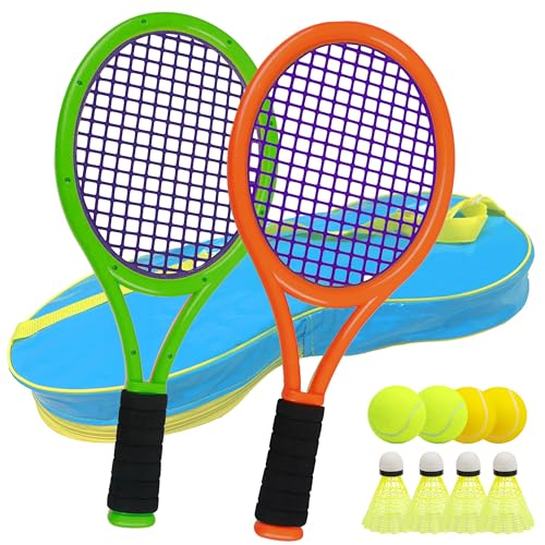 Kids Tennis Racket for Baby,Child and Kids Age 3~15,Toddler Tennis Racket Set Including 4 Shuttlecocks,2 Tennis Balls,2 Foam Balls and 1 Carrying Bag - color: Deep Orange-Green