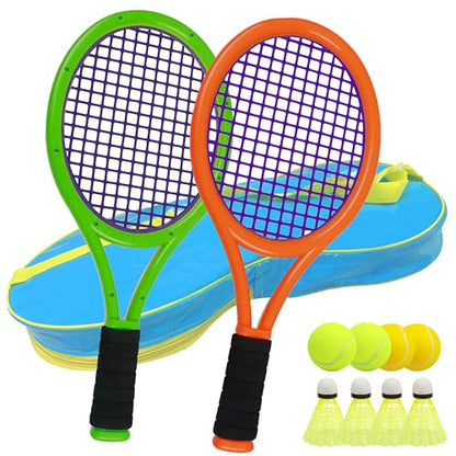 Kids Tennis Racket for Baby,Child and Kids Age 3~15,Toddler Tennis Racket Set Including 4 Shuttlecocks,2 Tennis Balls,2 Foam Balls and 1 Carrying Bag - color: Deep Orange-Green