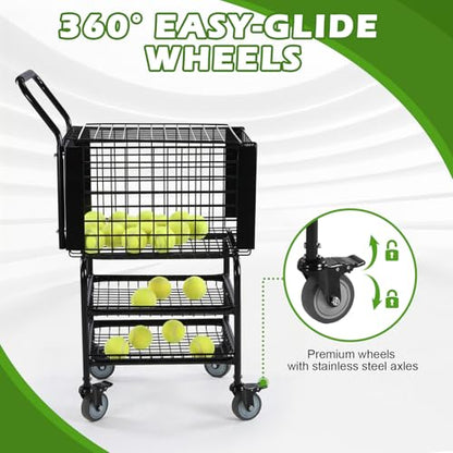 Portable Tennis Cart with Easy Load Portable Steel Ball Trolley Holds 350 Balls for Teaching & Court Use