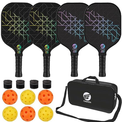 Pickleball Paddles Set of 4, USAPA Approved Carbon Fiber Pickle Ball Paddle (CHS), Polypropylene Honeycomb Core, Anti Slip Sweat Absorbing Grip, 4 Replacement Soft Grip, 6 Pickleball, Bag