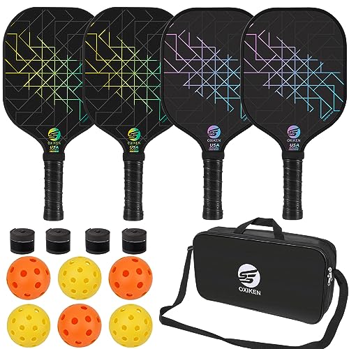 Pickleball Paddles Set of 4, USAPA Approved Carbon Fiber Pickle Ball Paddle (CHS), Polypropylene Honeycomb Core, Anti Slip Sweat Absorbing Grip, 4 Replacement Soft Grip, 6 Pickleball, Bag