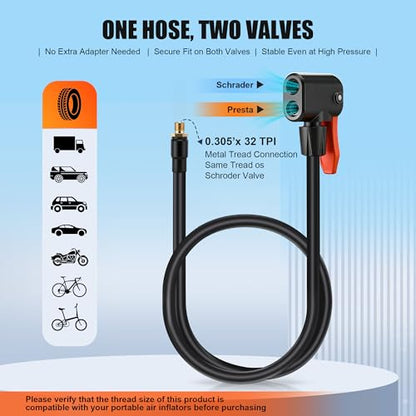 Enhon 32.87'' Presta Valve Adaptor for Schrader and Presta Valve, Locking Tire Chuck Tube for Portable Tire Inflators, Bike Pump Needle, for Car, Motorcycle, Bike, Ball, Swimming Pools Products