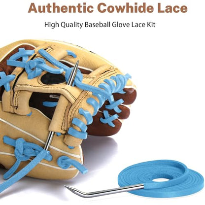 Softball Baseball Glove Lace, Mitt Lace Repair Kit Includes 2 Leather Laces and Lacing Needle for Catcher's Glove - color: Light Blue
