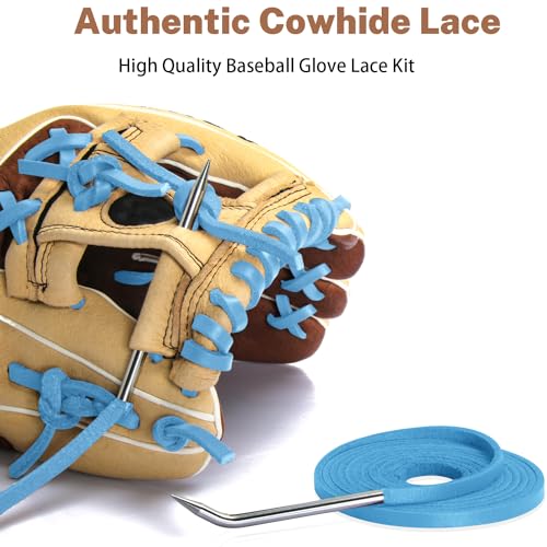 Softball Baseball Glove Lace, Mitt Lace Repair Kit Includes 2 Leather Laces and Lacing Needle for Catcher's Glove - color: Light Blue