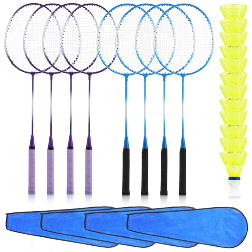 Woanger 8 Pack Badminton Rackets Set Including Badminton Racquets, Nylon Shuttlecocks and Carry Bag for Outdoor Backyard Games Beginners - color: Blue & Purple