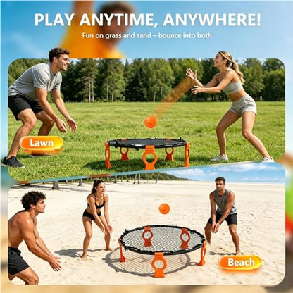 Foldable Metal Roundnet Game Set - Outdoor Games Sets with Pre-Installed Net & Screw-Fixed Pro Bounce - No Net Assembly - Includes 3 Balls, Pump, Case & Rules - Orange