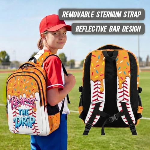 Kids Baseball Drip Backpack for Students, 17 Inch Cool Bookbag for Teenagers Elementary Middle College Students Picnic - color: Orange