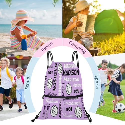Custom Volleyball Style Drawstring Bag, Personalized Sports Ball Backpack Drawstring Sack Cinch Bags for Team Gift Party Favors, Light Purple - color: Light Pink