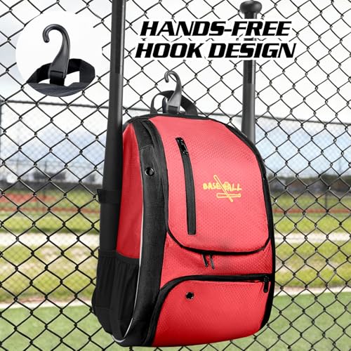 Youth Baseball Bag, Lightweight Softball Bag with Shoes Compartment, Baseball Backpack with Fence Hook for TBall Bat & Equipment - color: Red