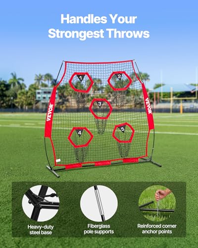 VEVOR 6x6ft Football Trainer Throwing Net, Training Throwing Target Practice Net with 5 Target Pockets,Football Training Equipment Includes Portable Carry Case,Great for Quarterback - color: Red
