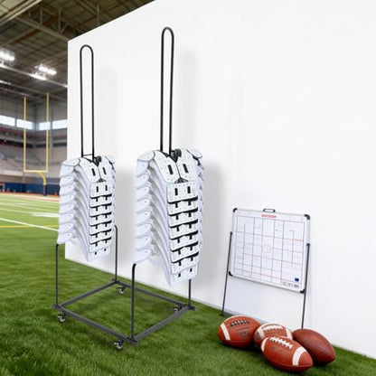 Football Shoulder Pad Rack, 100lbs Capacity Freestanding Shoulder Pads Football Organizer with 4 Rolling Casters, 69in Tall Equipment Storage Rack for Slow-Pitch Softball Baseball - color: Black