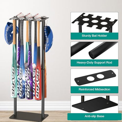 QBA Baseball Bat Holder Stand, Free Standing Bat Rack Holds Up to 8 Bats, 5 Balls, 4pcs Gloves, Bat Organizer for Home Garage Dugout, Black