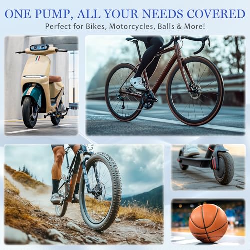 Tiny Bicycle Pump with Gauge, Max 150 PSI Electric Mini Pump, Auto Stop, with Presta and Schrader Valve for E-Bike, MTB, and Road Bike,with LED Night Lighting