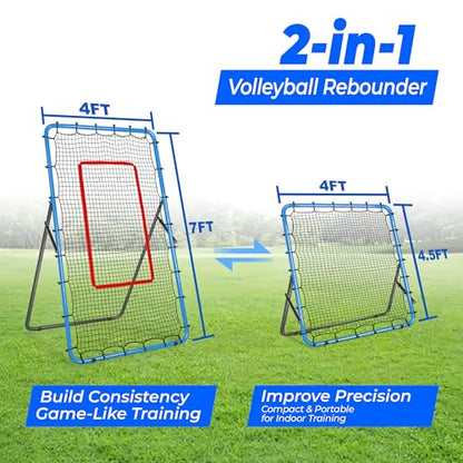 2-in-1 Volleyball Rebounder Net, Adjustable 7×4 ft to 4.5×4 ft Bounce Back Training Rebound Equipment with Angle Customization for Volleying, Bumping, Spiking Practice - color: Blue