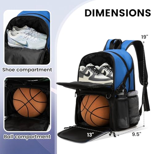 Basketball Bag Backpack with Ball Holder and Shoes Compartment,Best for Basketball, Soccer, Volleyball, Gym. (BLUE) - color: Blue