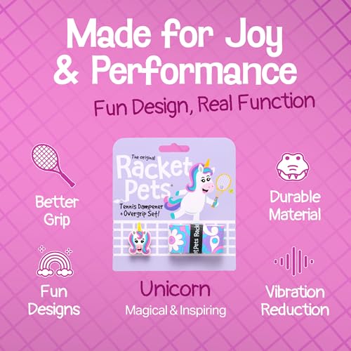 Racket Pets Kids Tennis Racket Dampener & Matching Overgrip Tape, Performance Shock Absorbing Dampener for Tennis Racket & Fun Animal Print Tennis Wrap Grip Tape - style: Unicorn