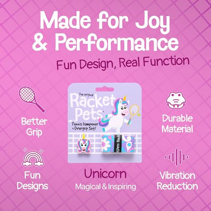 Racket Pets Kids Tennis Racket Dampener & Matching Overgrip Tape, Performance Shock Absorbing Dampener for Tennis Racket & Fun Animal Print Tennis Wrap Grip Tape - style: Unicorn