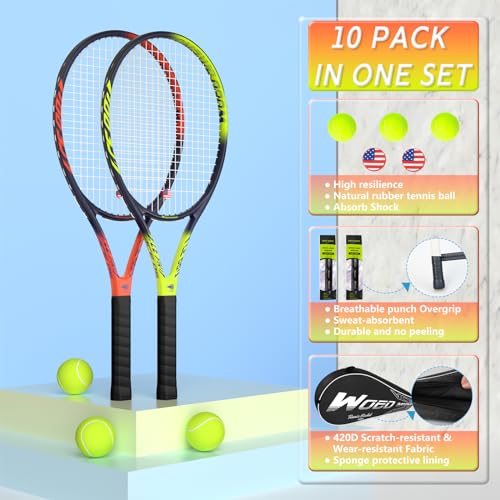 Pro Tennis Racket for Adults, 2 Player 27 inch Speed Tennis Racquet Acceptable for Beginner and Professional with 3 Tennis Balls, 2 Vibration Dampes, 2 Overgrips, Tennis Bag - color: Yellow & Orange