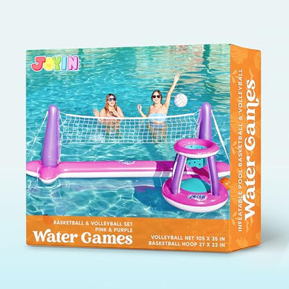 JOYIN Inflatable Pool Float Set Volleyball Net & Basketball Hoops, Floating Swimming Game Toy Floaties for Kids and Adults Volleyball Court (105”x28”x35”)|Basketball (27”x23”x27”),L-Pink Purple - color: Pink Purple, size: Large
