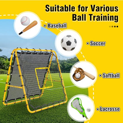 Double-Sided Soccer Rebound Net, 4×4FT Baseball Volleyball Softball Pitchback Net, Multi-Angle Adjustable Rebound Net, as a Gift for Children, Teen, Adults,Yellow