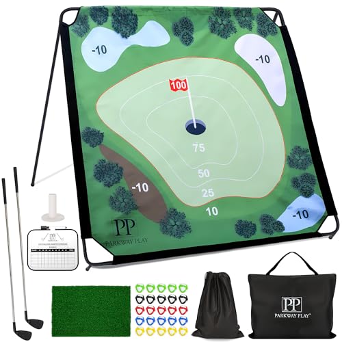 Parkway Play Sticky Golf Chipping Game Set 6x6 ft Metal Frame, Backyard Target Game, 2 Clubs, 25 Sticky Balls, Turf Mat, Indoor Outdoor Yard Sport, Golf Practice Set, Chipping Training Aid - style: METAL FRAME SET