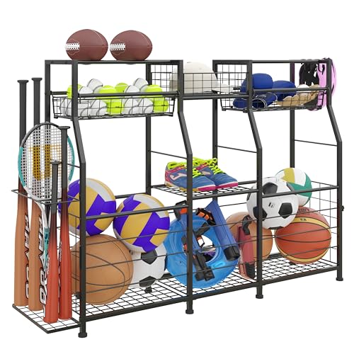 Garage Sports Equipment Organizer with Wheels - Ball Storage Rack with Elastic Rope or Wire Mesh,Garage Organizer System,Indoor/Outdoor Sports Rack for Sports Gear and Toys Storage,Black - style: No Wheels