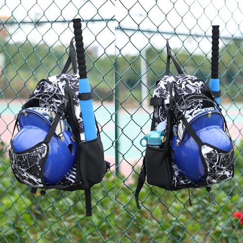 Youth Baseball Bat Bag Backpack, T-Ball & Softball Equipment Gear for Youth with Fence Hook, Lightweight Baseball Bat Backpack, Large Main Compartment for Helmet - color: Black