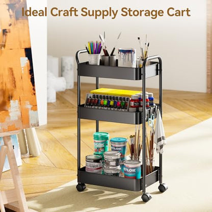 YASONIC 3-Tier Metal Rolling Cart, Sturdy Storage Utility Carts with Wheels, Multifunction Craft Art Organizer for Bedroom, Laundry, Garage, Office, Nursery, Bathroom, Easy Assembly (Black) - color: Black