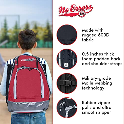 No Errors Sports RBP Rookie Baseball and Softball Backpack - Youth Baseball and Softball Bat Bag with Fence Hooks - Baseball and Softball Equipment Bag for Kids - color: Red