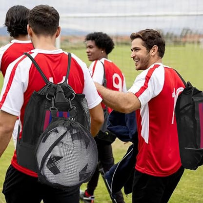 KAEGREEL Drawstring Soccer Bag Basketball Backpack for Kids Teens, Foldable Sports Bags Detachable Ball Mesh Bag for Gym Yoga Football Baseball - color: Black with Red & Blue Stripes