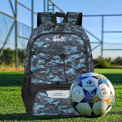 WOLT Soccer Backpack Soccer Bag with Ball Holder & Shoes Compartment, Sport Equipment Bags For Football, Basketball, Volleyball, Gym - color: CamoBlue