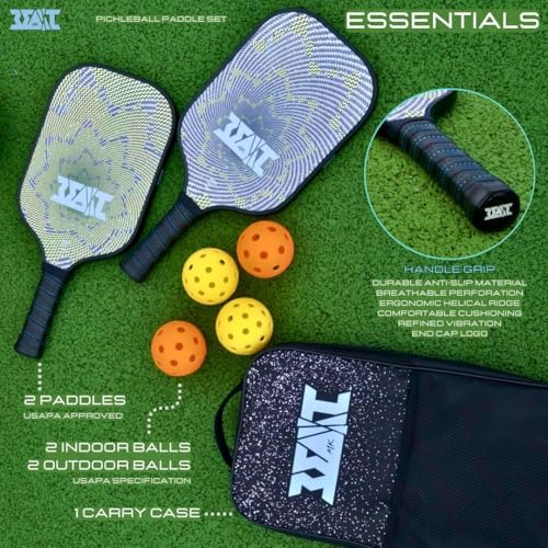 Pickleball Paddles Set of 2, USAPA Approved Pickleball Set, Fiberglass Paddle Bat Surface, Polypropylene Honeycomb Core Pickle Ball Rackets, 4 Balls, Carry Bag