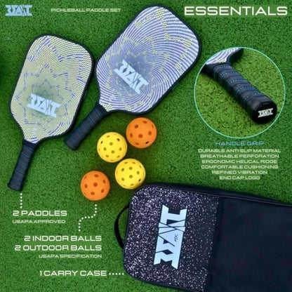 Pickleball Paddles Set of 2, USAPA Approved Pickleball Set, Fiberglass Paddle Bat Surface, Polypropylene Honeycomb Core Pickle Ball Rackets, 4 Balls, Carry Bag