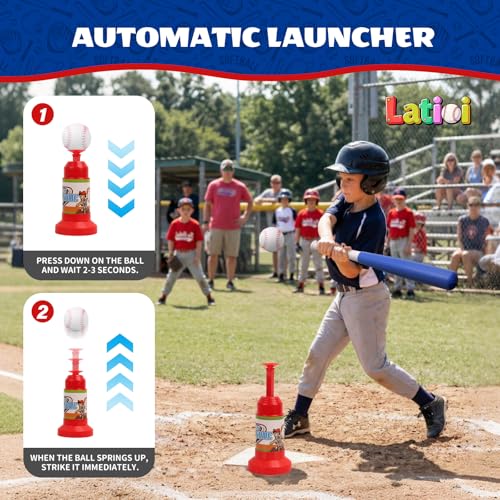 3-in-1 T Ball Set for Kids 3-5, Adjustable Baseball Tee with Auto Ball Launcher, Hanging Stand & 4 Balls, Indoor/Outdoor Sports Toys Gifts for Boys Girls Ages 5-8