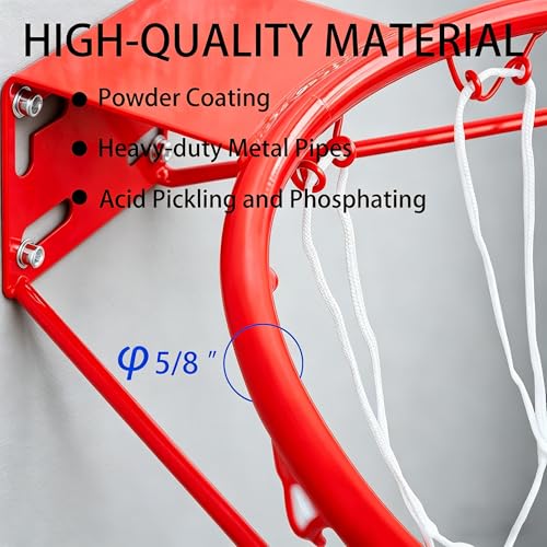 Rakon 18" Replacement Basketball Rim Wall Mount Hoop Hand-Crank Backboard Mounted for Indoor/Outdoor Classic Basketball Court, Teens, Adults, Schools, Parks - color: 18" Red Solid