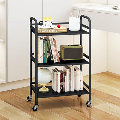 DCLRN 3 Tier Rolling Cart,Storage Organizer Cart,Multifunctional Storage Shelves,Rolling Metal Organization Cart with Handle and Lockable Wheels,for Home,Office,Kitchen,Bathroom(Black)
