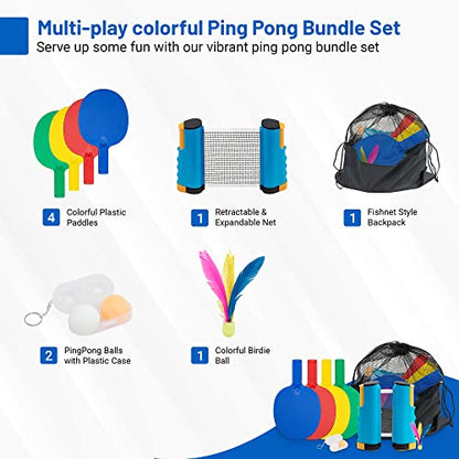 Plastic Portable Ping Pong Paddles Set of 4 Table Tennis Paddles with Retractable Ping Pong Net - 2 Ping Pong Balls with 1 Birdie. Perfect for Office, Lawn, and Beach Games for Adults and Families.