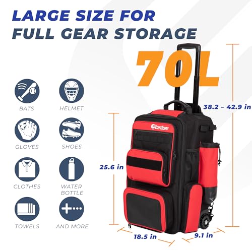 Rolling Baseball Bag with Wheels, 70L Large Capacity Baseball Backpack with Hidden Shoulder Strap, Sturdy Softball Bag with Multi-Pockets, Shoe Compartment, Fence Hooks for Players, Coaches - color: Red