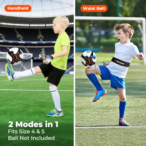 2-in-1 Soccer Kick Trainer for Kids & Youth, Handheld Touch Practice and Waist Belt Solo Kicking, Adjustable Ball Strap with Handle Cord, Fits Size 4 & 5 Balls, Ball Not Included