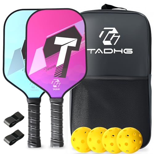 TADHG Pickleball Paddle Set 2 Lightweight 8.4oz Paddles with Honeycomb Core Spin-Friendly Surface 4 Balls - color: 06.Pink