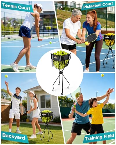 Angooni Upgraded Tennis Ball Hopper for 150 Balls, Tennis Cart with Wheels & Storage Bag, Lightweight Foldable Pickleball Cart, Ideal Gift for Training, Teaching & Family Play