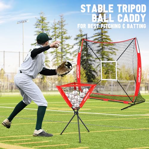 7x7' Baseball & Softball Net for Batting Pitching Hitting - Large Ball Collection System, Portable Baseball Training Equipment with Strike Zone, Tee, Ball Caddy, for Adult Sport,Youth Practice