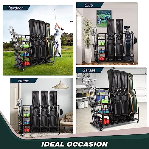 Sttoraboks Golf Bags Storage Garage Organizer, Golf Bag Rack Fits 2/3 Golf Bags and Golf Equipment Accessories, Golf Club Storage Stand with Wooden Shelf and Lockable Wheels for Garage Indoor Basement - style: 3pcs Bag Stand