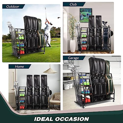Sttoraboks Golf Bags Storage Garage Organizer, Golf Bag Rack Fits 2/3 Golf Bags and Golf Equipment Accessories, Golf Club Storage Stand with Wooden Shelf and Lockable Wheels for Garage Indoor Basement - style: 3pcs Bag Stand
