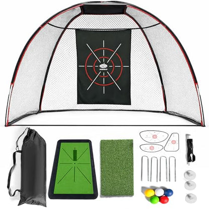 10x7ft Heavy Duty Golf Hitting Net with Swing Path Mat & Turf Insert – Backyard & Garage Golf Practice Net for Real Golf Balls, Indoor Outdoor Full Swing & Chipping