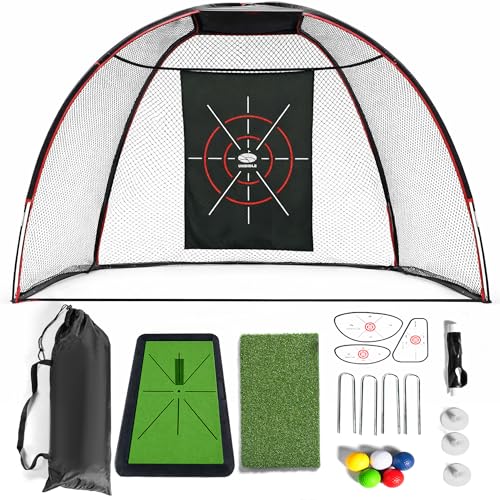 10x7ft Heavy Duty Golf Hitting Net with Swing Path Mat & Turf Insert – Backyard & Garage Golf Practice Net for Real Golf Balls, Indoor Outdoor Full Swing & Chipping
