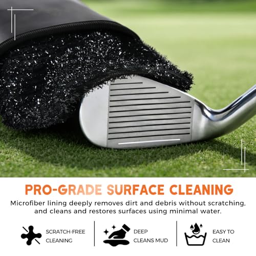 Golf Club and Ball Cleaning Bag with Waterproof Liner, Golf Ball Cleaner Pouch, Cleans Club Grooves and Balls, Detachable Clip, PU Leather Exterior, Golfer Gifts for Men