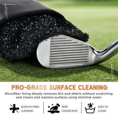 Golf Club and Ball Cleaning Bag with Waterproof Liner, Golf Ball Cleaner Pouch, Cleans Club Grooves and Balls, Detachable Clip, PU Leather Exterior, Golfer Gifts for Men